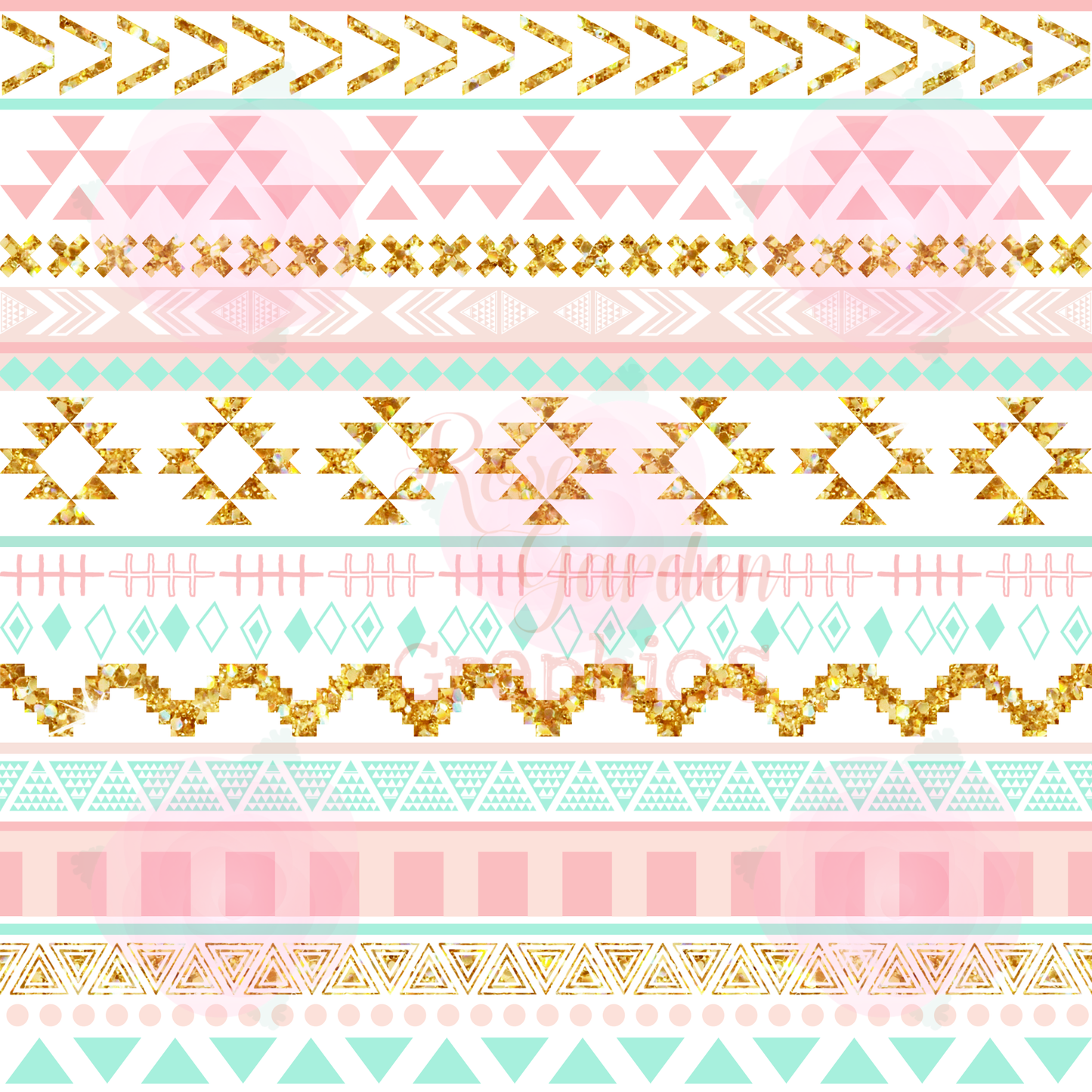 Aztec Stripes (Pink, Mint, and Gold) Seamless Image