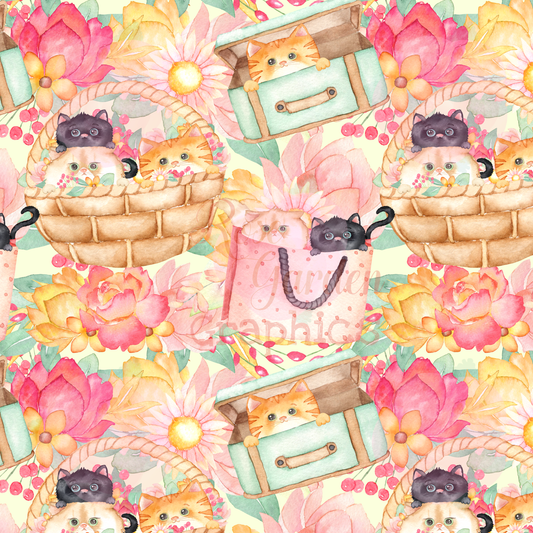 Floral Kittens Seamless Image