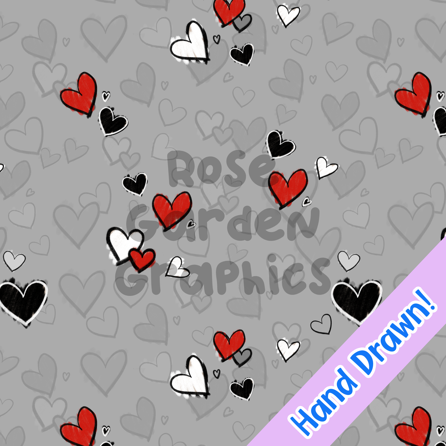 Hand-Drawn Hearts Grayscale Seamless Image