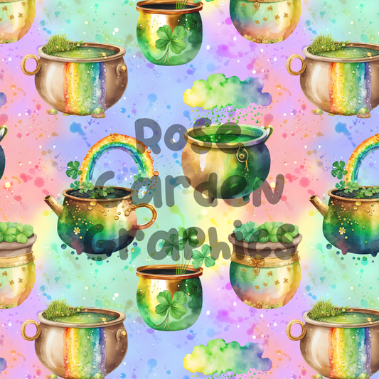Pot of Gold Rainbow Watercolor Seamless Image