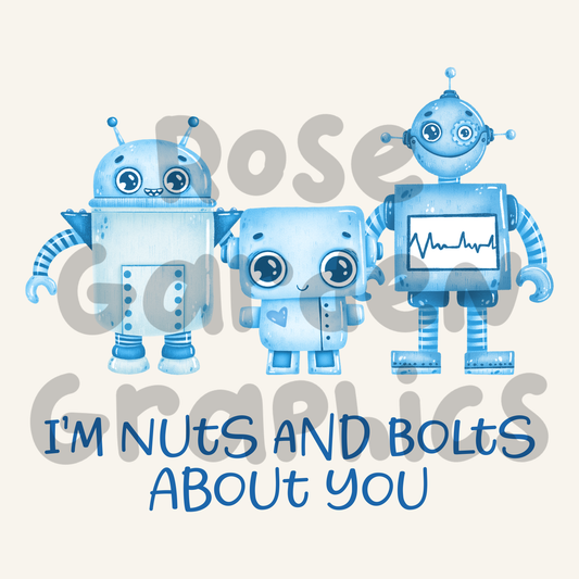 Robot Watercolor (Blue) "I'm Nuts and Bolts About You" PNG