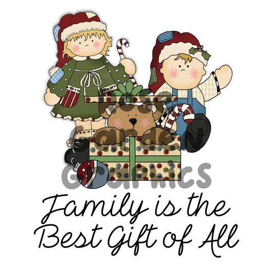 Vintage Christmas Teddies "Family is the Best Gift of All" PNG