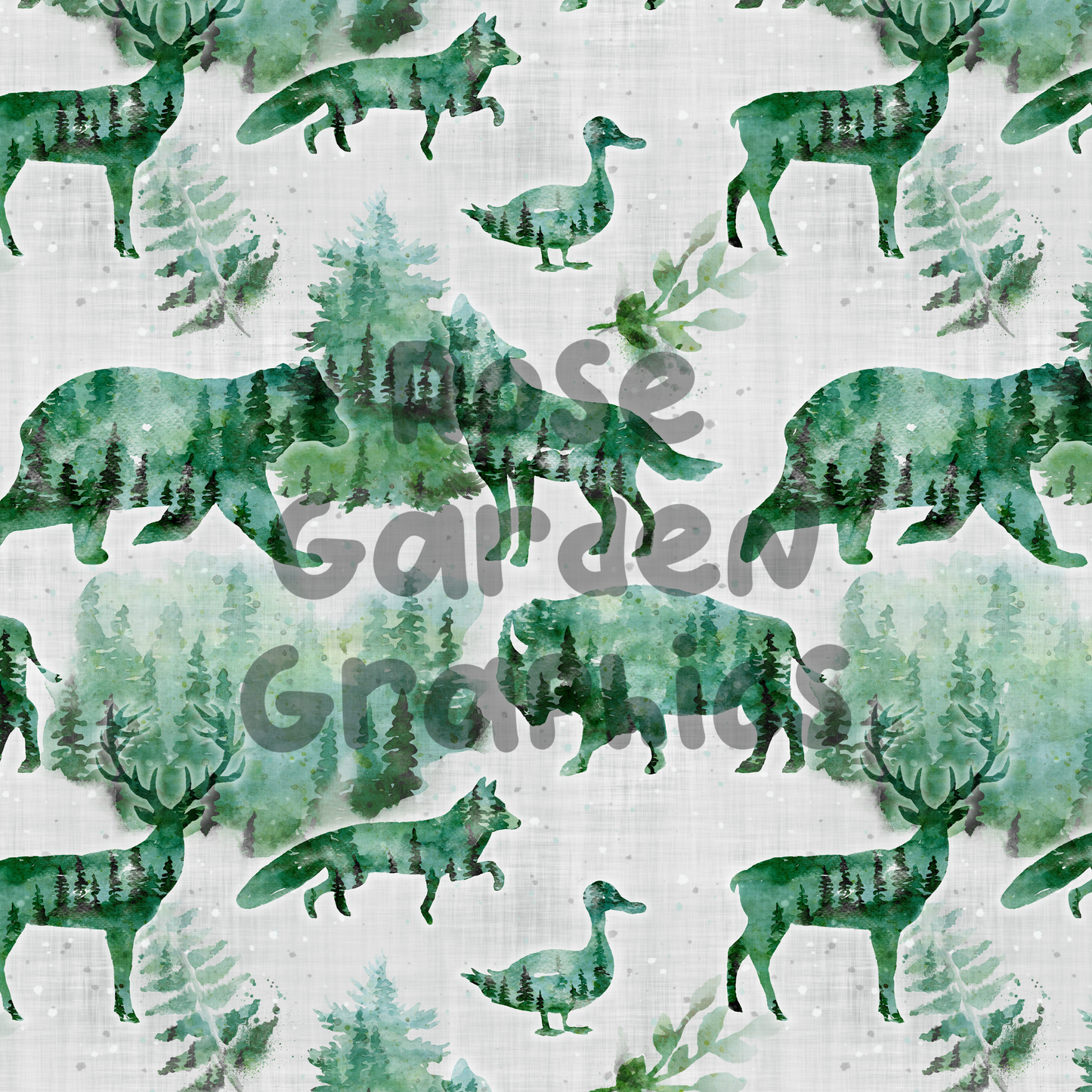 Watercolor Wildlife (Green) Seamless Image