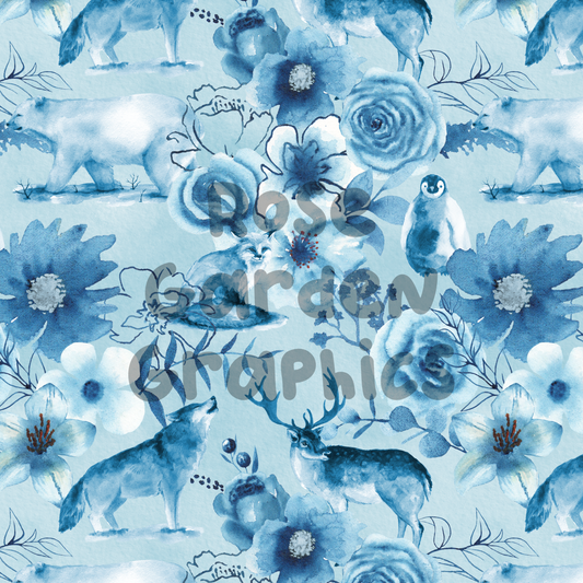 Winter Animals Floral (Blue) Seamless Image