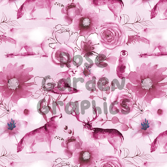 Winter Animals Floral (Pink) Seamless Image