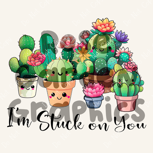 Kawaii Cactus "I'm Stuck on You" PNG