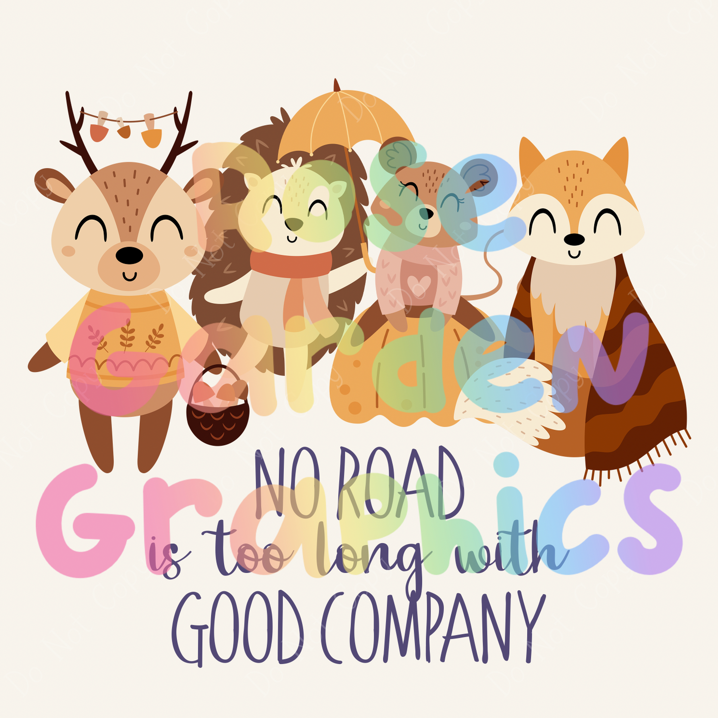 Cozy Forest Animals (Purple) "No Road is Too Long With Good Company" PNG