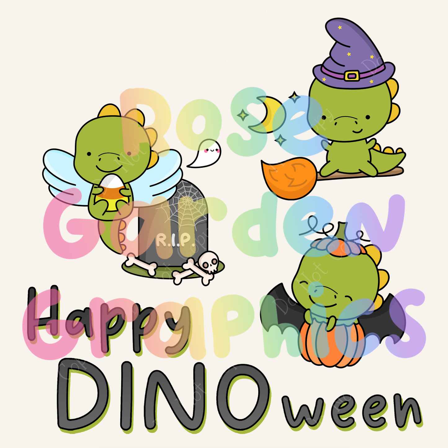 Cute Halloween Dinos "Happy DINOween" PNG