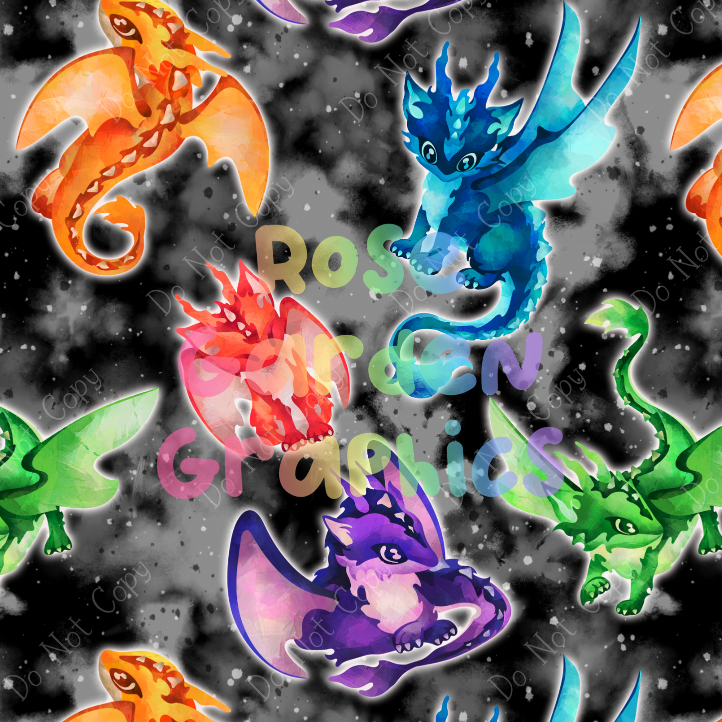 Watercolor Dragons (Dark) Seamless Image