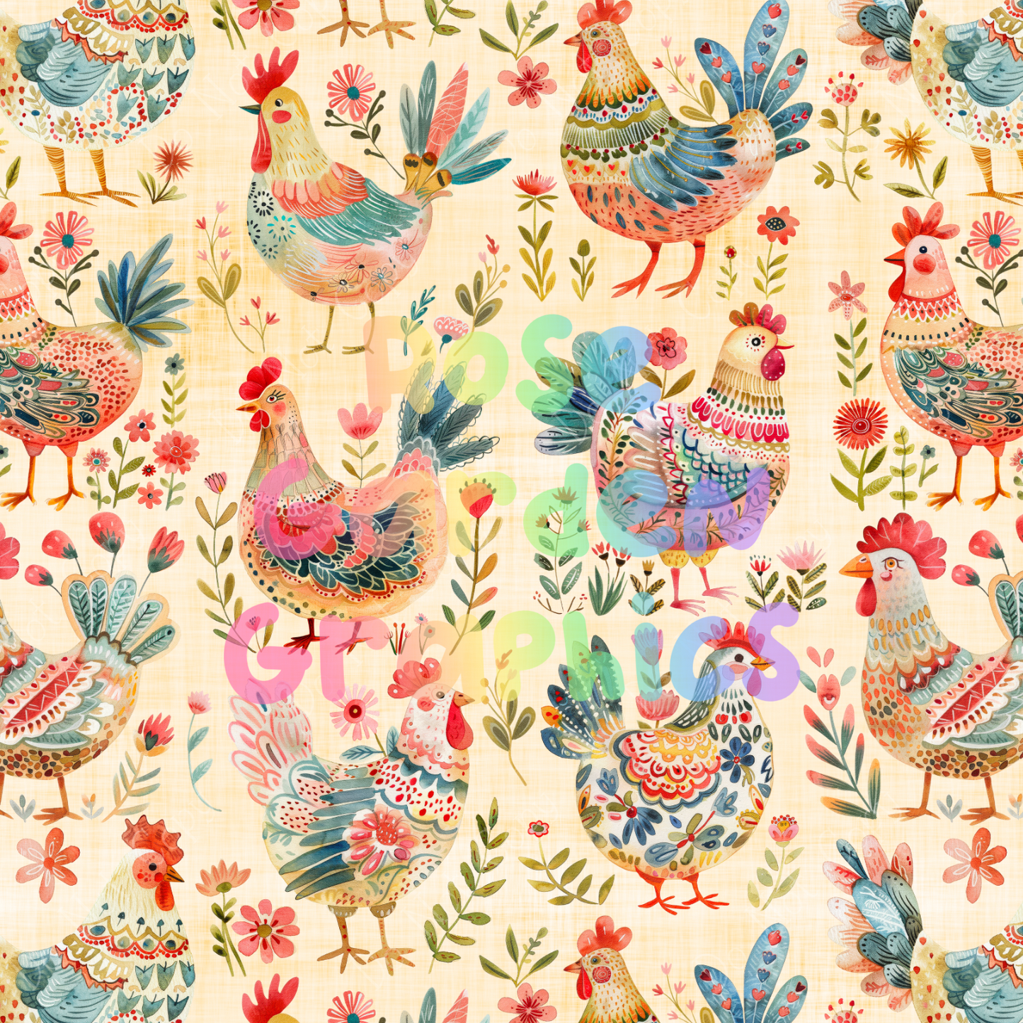 Folk Art Chickens Seamless Image