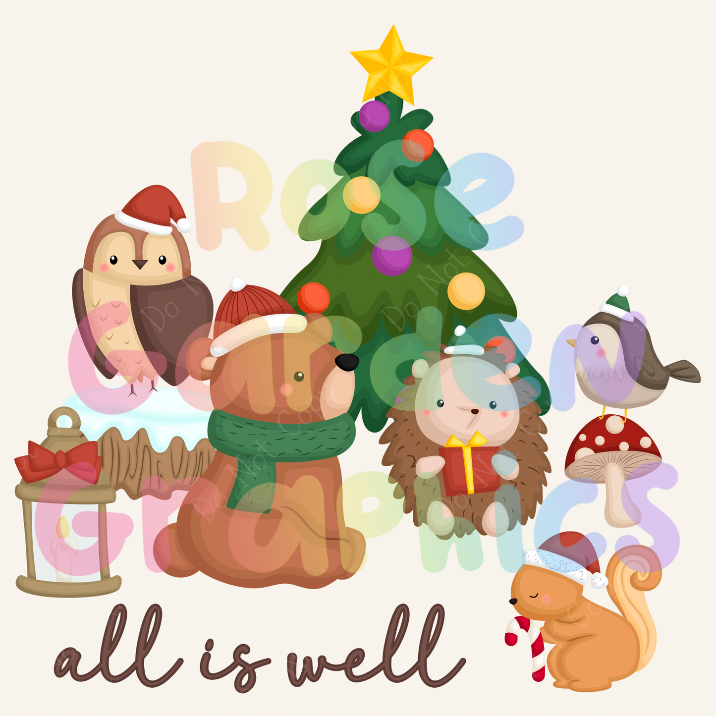 Christmas Woodland Animals "All is Well" PNG