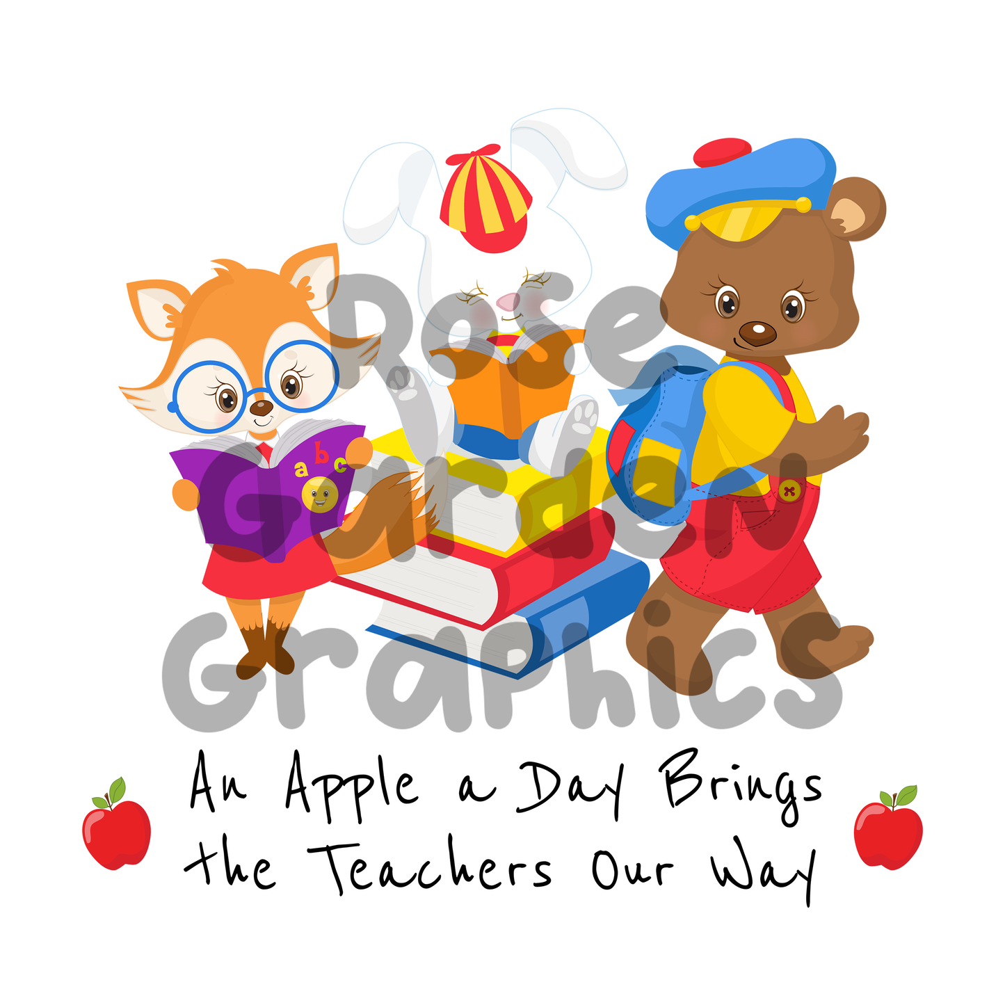 Back to School Woodland Animals "An Apple a Day Brings the Teacher Our Way" PNG