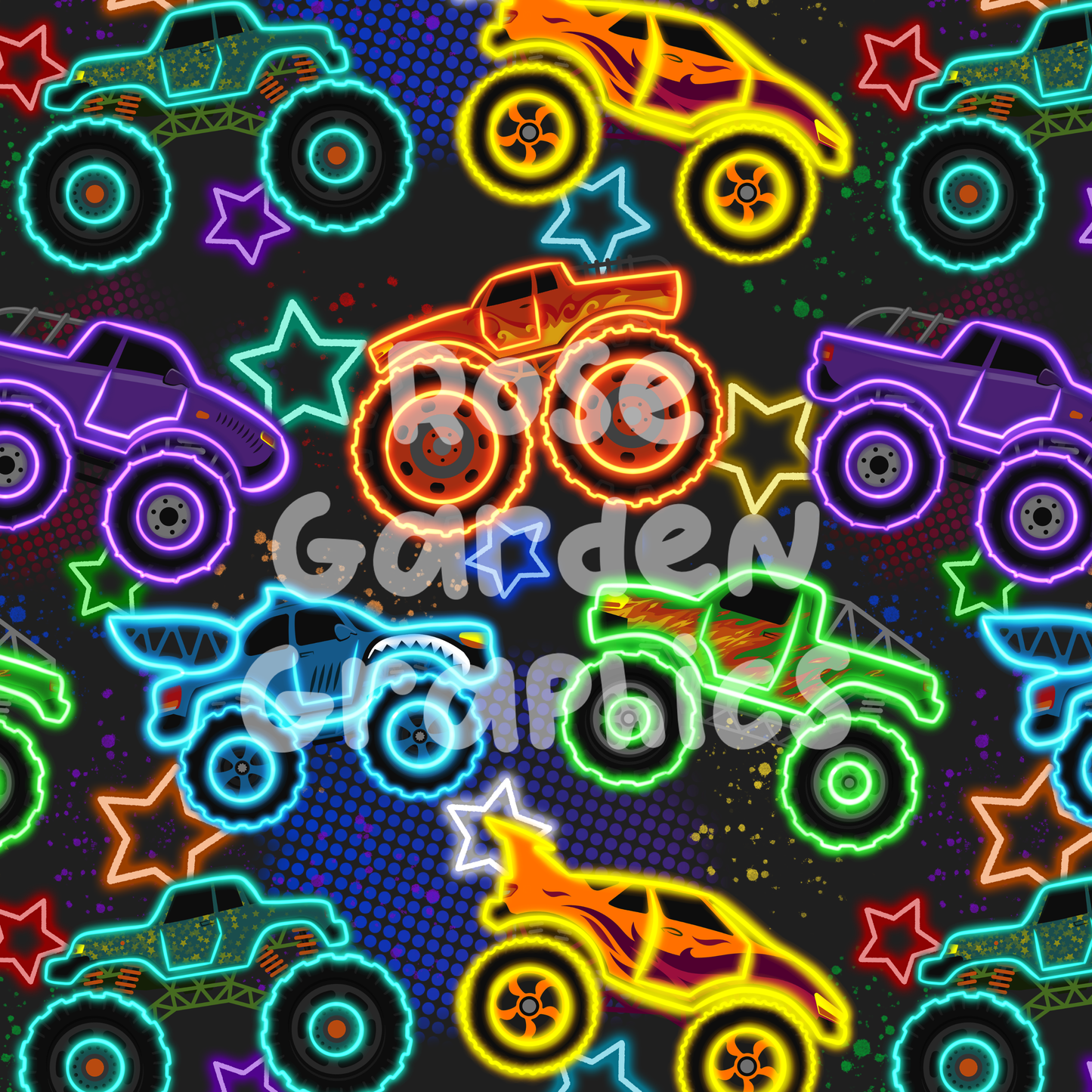 Glow Monster Trucks Seamless Image