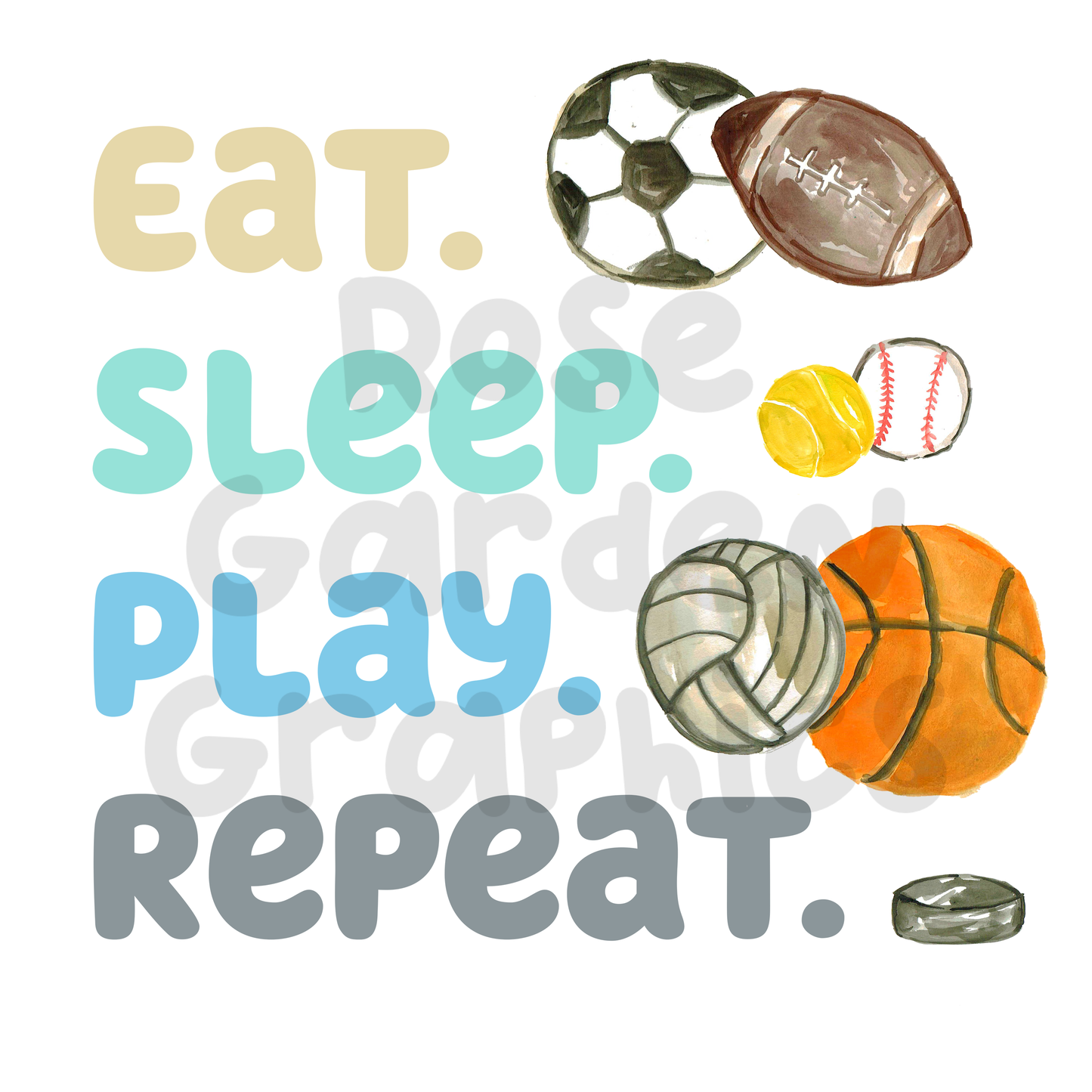 Deportes de acuarela "Comer. Dormir. Jugar. Repetir". PNG