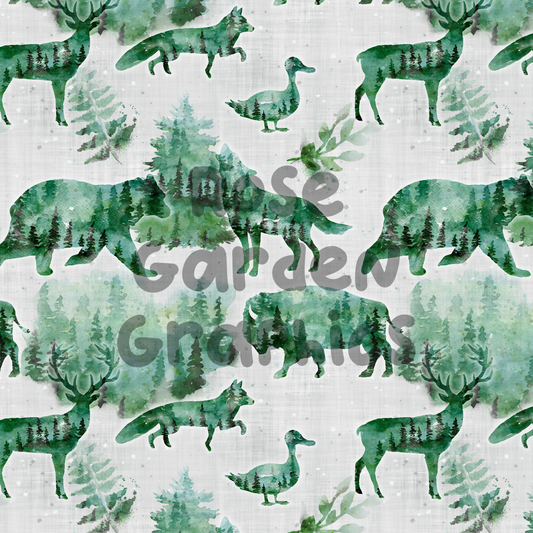 Watercolor Wildlife (Green) Seamless Image