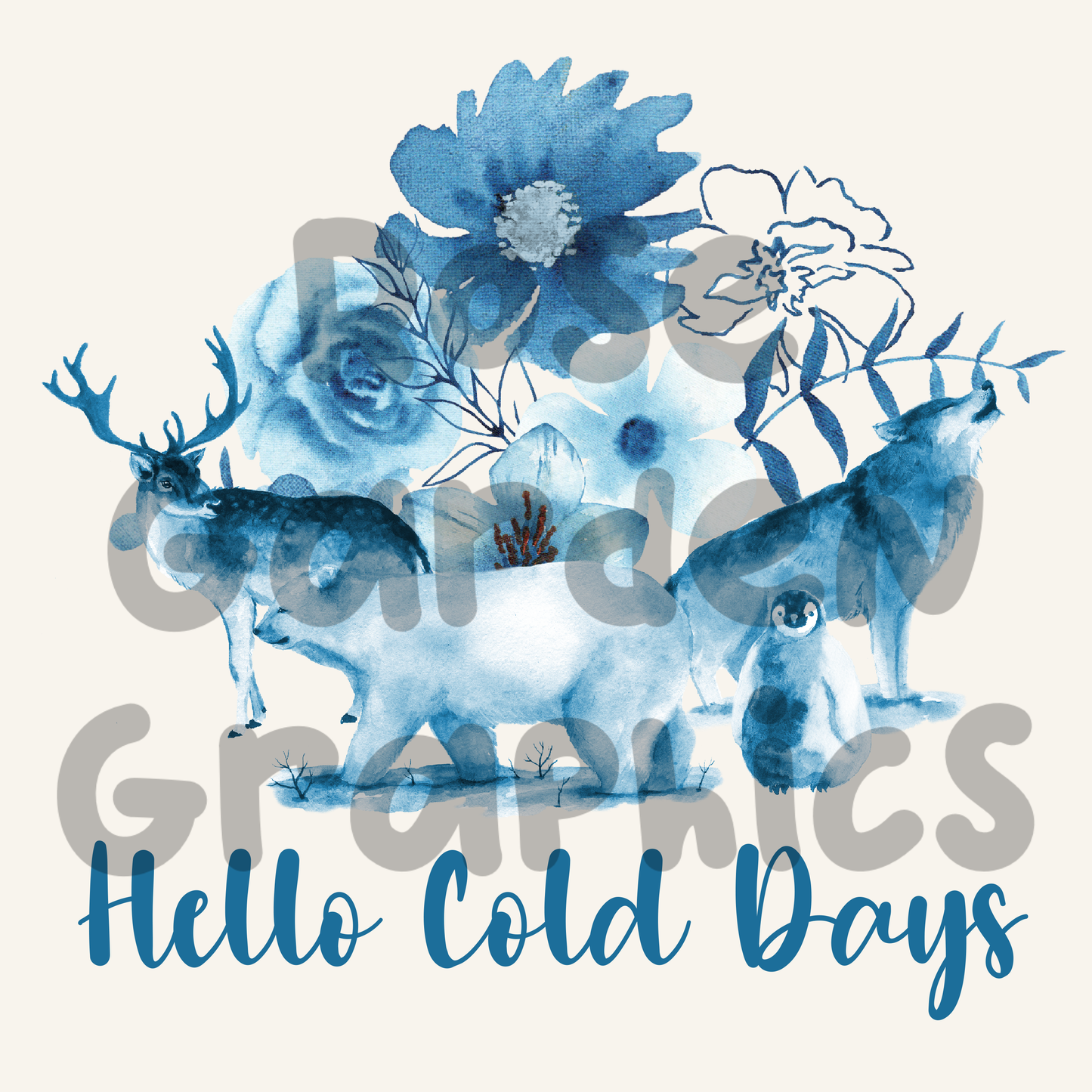 Animales de invierno Floral (Azul) "Hola clima frío" PNG